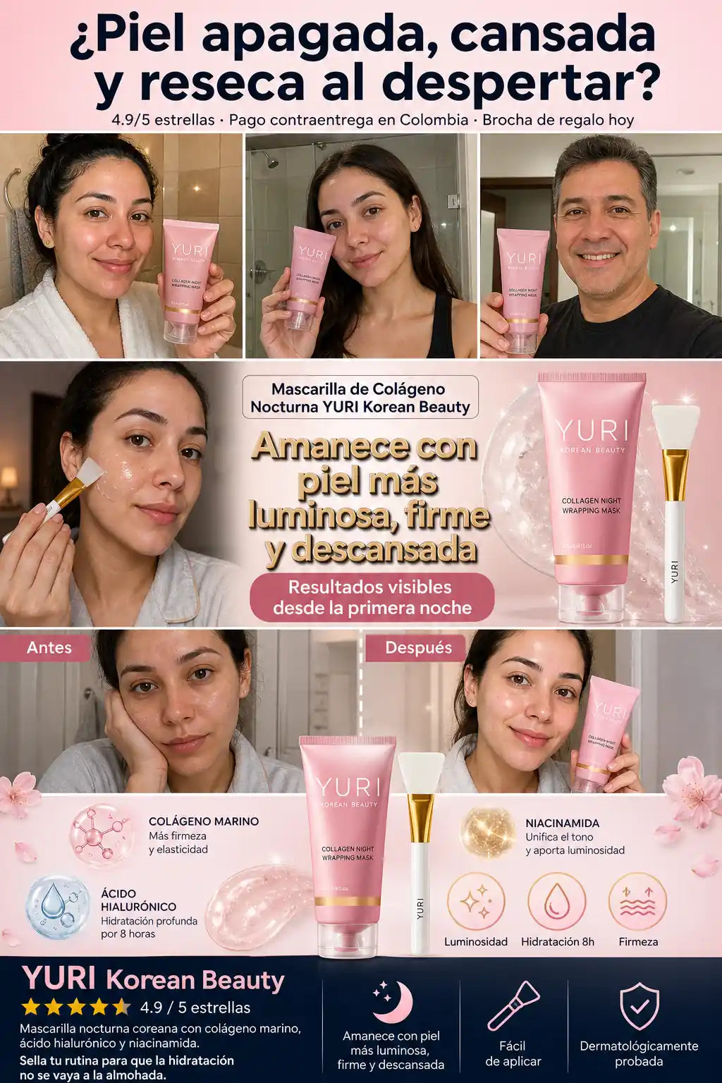 Mascarilla de Colageno Nocturna YURI - Amanece con Piel Luminosa y Descansada - Descuento Especial + Brocha de Regalo